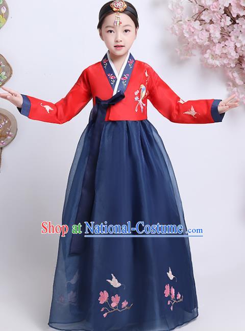 Asian Korea Court Princess Garment Costumes Children Embroidered Red Blouse and Navy Dress Korean Traditional Girl Hanbok Clothing