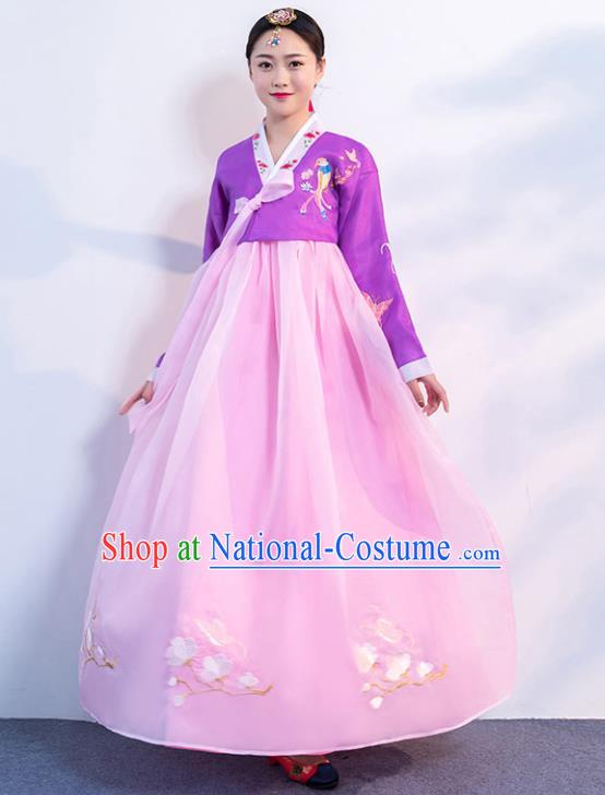 Korean Traditional Hanbok Uniforms Korea Ancient Court Dance Clothing Asian Embroidered Purple Blouse and Pink Dress