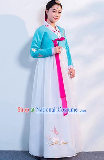 Asian Korean Ancient Court Dance Clothing Embroidered Blue Blouse and White Dress Korea Traditional Hanbok Uniforms