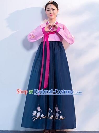 Korea Traditional Hanbok Uniforms Asian Korean Ancient Court Dance Clothing Embroidered Pink Blouse and Navy Dress