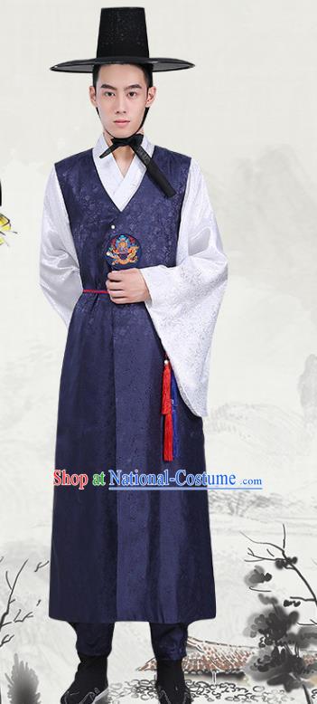 Korean Prince Wedding Costumes Traditional Male Hanbok Suits Korea Court Clothing Navy Long Vest White Shirt and Pants