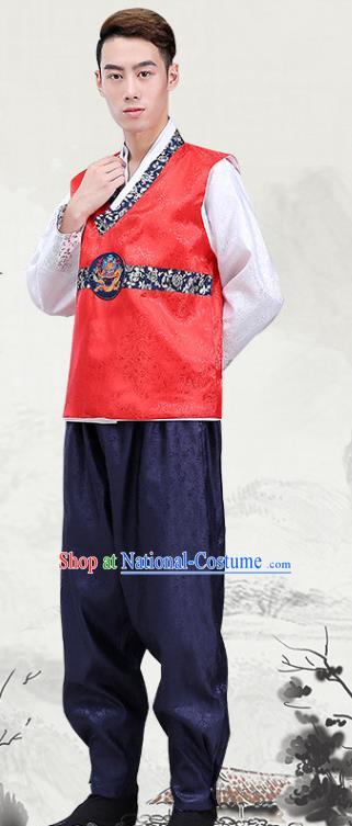 Korea Court Clothing Korean Prince Red Vest White Shirt and Navy Pants Costumes Traditional Male Wedding Hanbok Suits