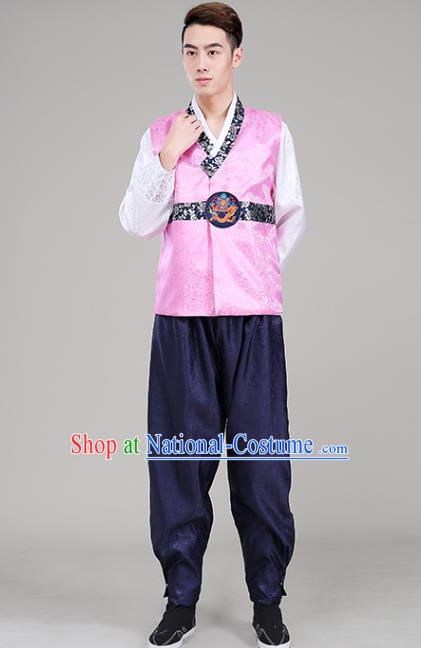 Korea Traditional Male Wedding Hanbok Suits Court Clothing Korean Prince Pink Vest White Shirt and Navy Pants Costumes