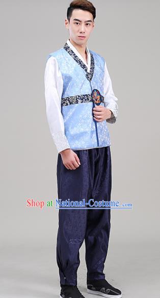 Korea Traditional Costumes Male Wedding Hanbok Suits Court Clothing Korean Prince Blue Vest White Shirt and Navy Pants