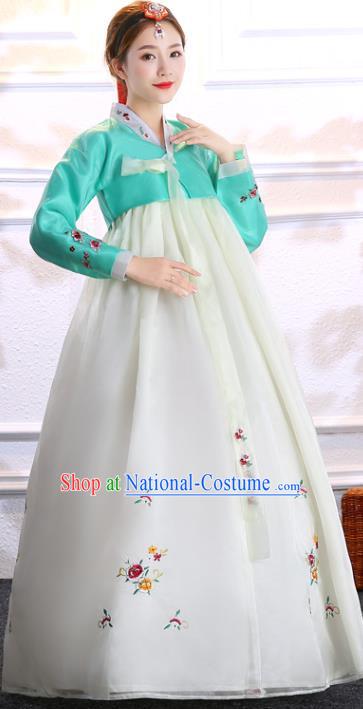 Asian Korean Court Uniforms Korea Ancient Princess Clothing Traditional Hanbok Embroidered Green Blouse and Beige Dress