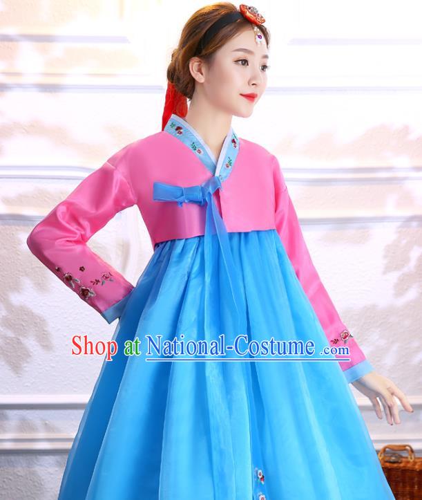 Asian Traditional Hanbok Embroidered Rosy Blouse and Blue Dress Korean Court Uniforms Korea Ancient Princess Clothing