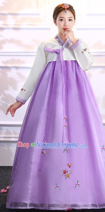 Korea Ancient Bride Clothing Asian Traditional Hanbok Embroidered White Blouse and Purple Dress Korean Court Uniforms