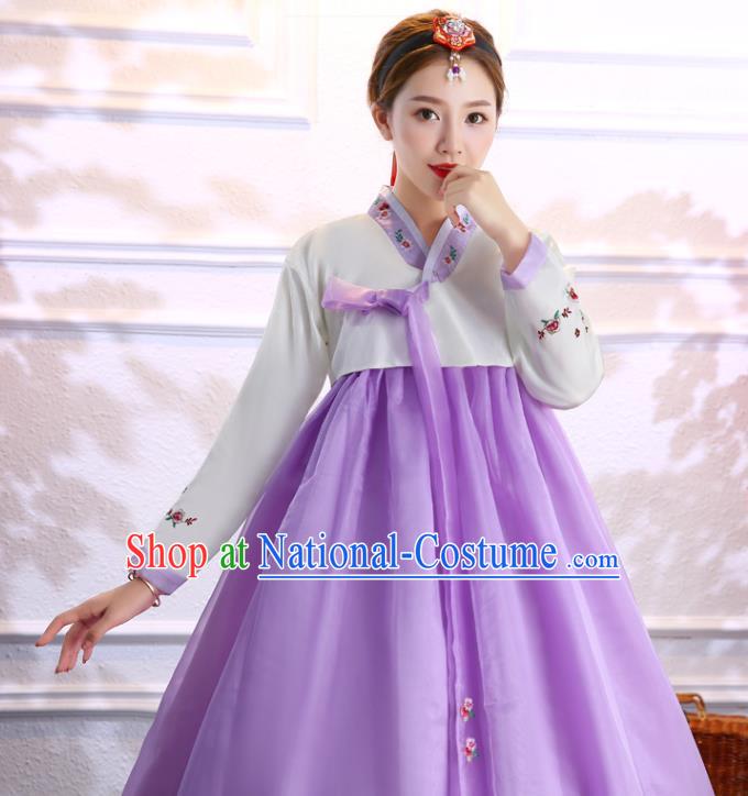 Korea Ancient Bride Clothing Asian Traditional Hanbok Embroidered White Blouse and Purple Dress Korean Court Uniforms