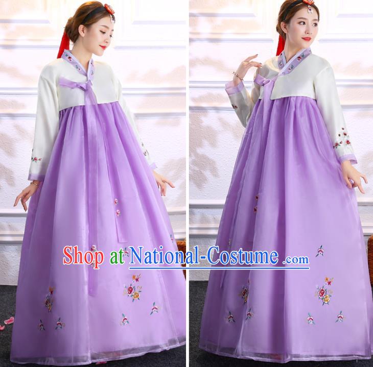 Korea Ancient Bride Clothing Asian Traditional Hanbok Embroidered White Blouse and Purple Dress Korean Court Uniforms