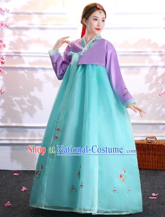 Korean Court Wedding Uniforms Korea Ancient Bride Clothing Asian Traditional Hanbok Embroidered Purple Blouse and Blue Dress