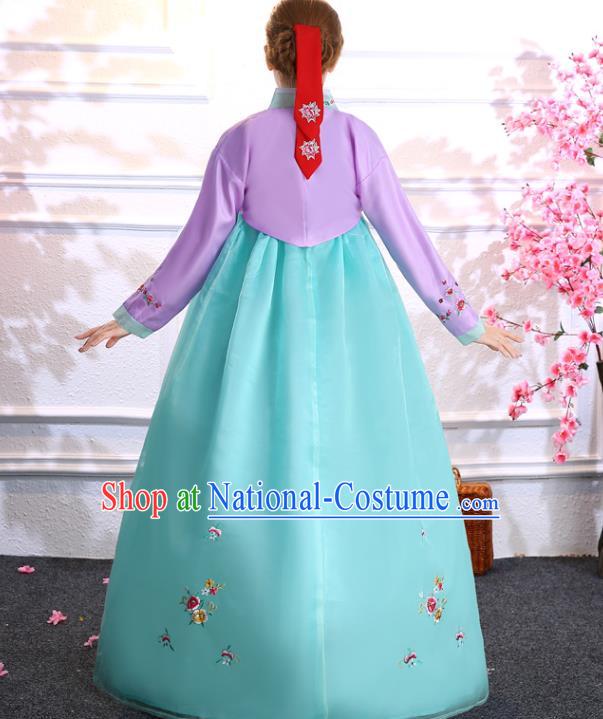 Korean Court Wedding Uniforms Korea Ancient Bride Clothing Asian Traditional Hanbok Embroidered Purple Blouse and Blue Dress