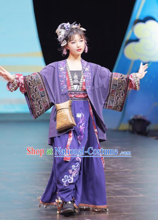 China Traditional Song Dynasty Miao Territory Princess Historical Clothing Ancient Young Beauty Purple Hanfu Dress Garments