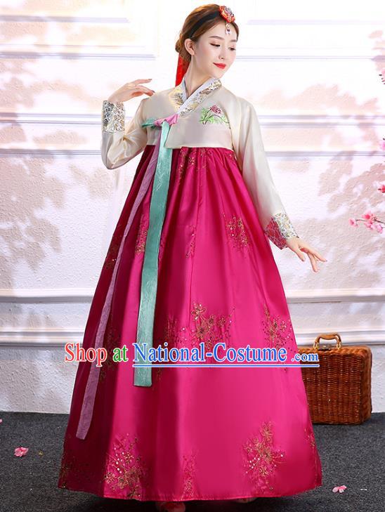 Asian Classical Dance Embroidered White Blouse and Rosy Dress Traditional Hanbok Korean Court Bride Fashion Garments Korea Wedding Clothing