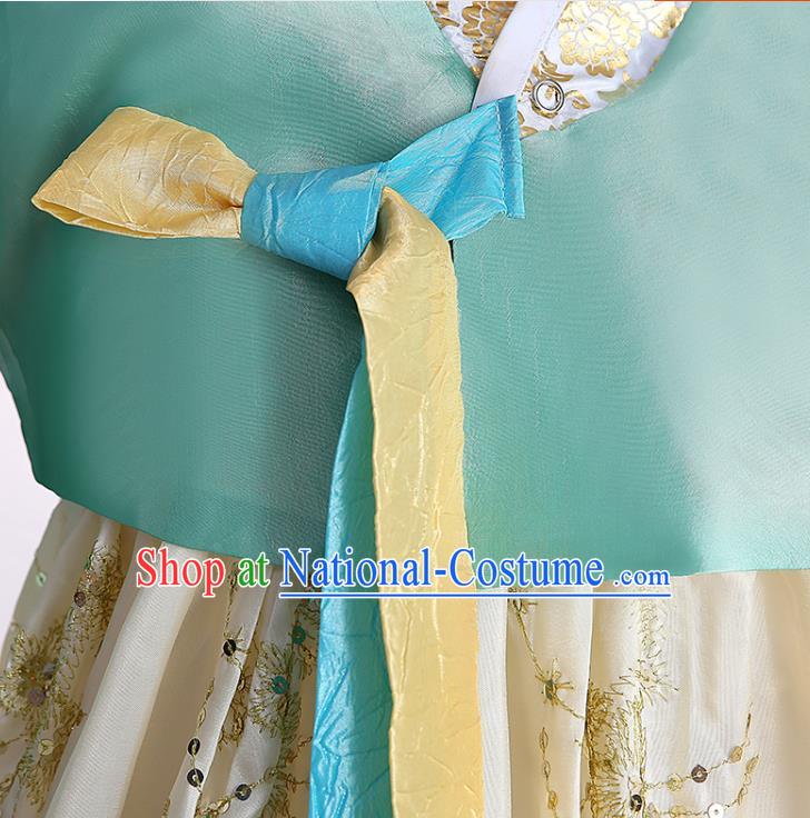 Korean Court Bride Fashion Garments Korea Wedding Clothing Asian Classical Dance Embroidered Green Blouse and Beige Dress Traditional Hanbok