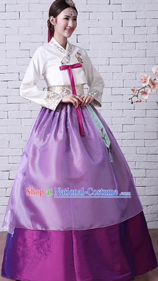 Korean Classical Embroidered White Blouse and Purple Dress Court Hanbok Asian Traditional Bride Fashion Garments Korea Wedding Clothing