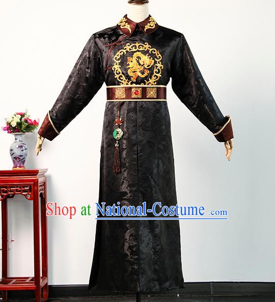 Chinese TV Story of Yanxi Palace Monarch Qianlong Black Imperial Robe Qing Dynasty Royal Highness Casual Costume Ancient Emperor Clothing