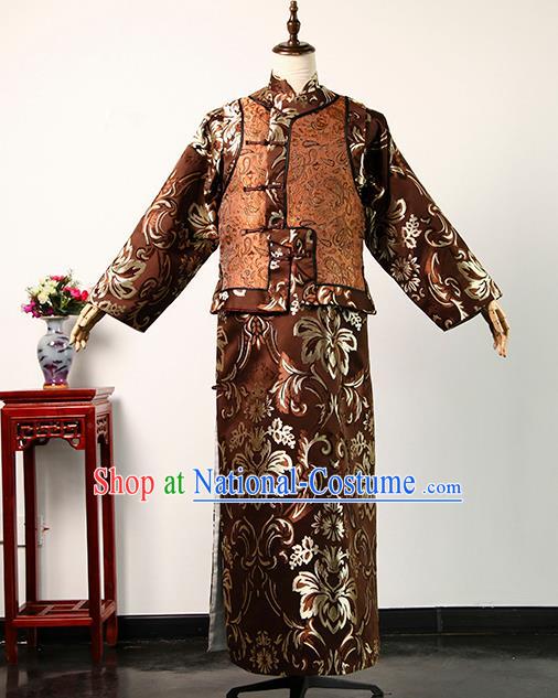 Chinese Ancient Shopkeeper Uniform Drama Teahouse Elderly Male Mandarin Jacket Robe Qing Dynasty Landlord Clothing