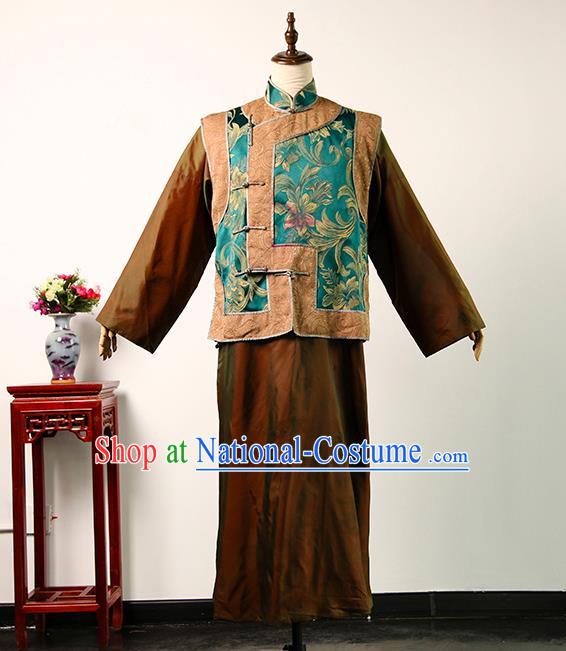 Chinese Qing Dynasty Landlord Clothing Ancient Shopkeeper Uniform Drama Teahouse Elderly Male Green Mandarin Jacket and Ginger Robe