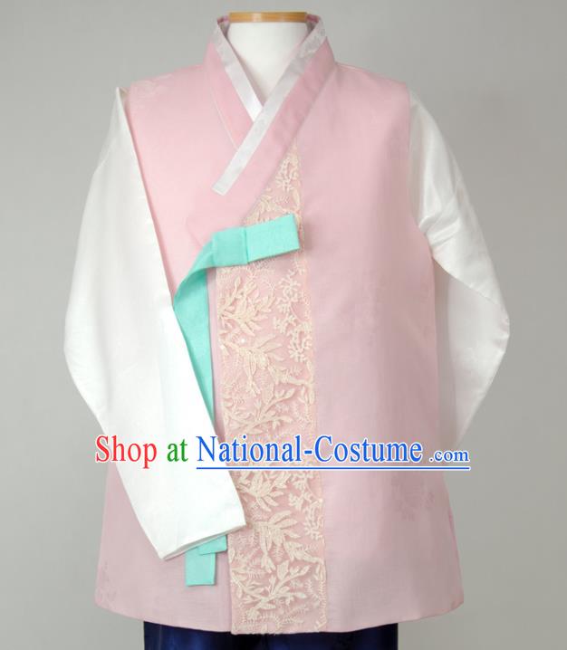 Korean Traditional Costumes Classical Wedding Bridegroom Clothing Korea Young Male Hanbok Pink Vest White Shirt and Navy Pants