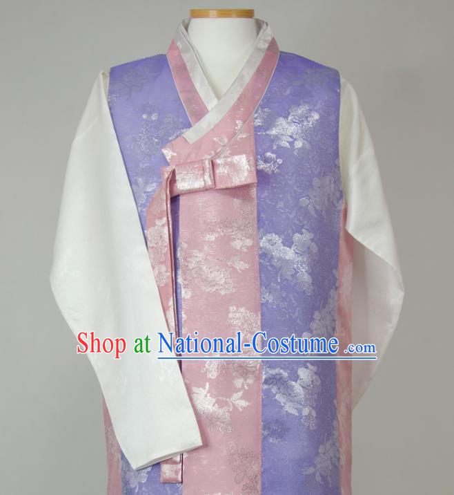 Korea Young Male Hanbok Lilac Vest White Shirt and Navy Pants Korean Traditional Costumes Classical Wedding Bridegroom Clothing