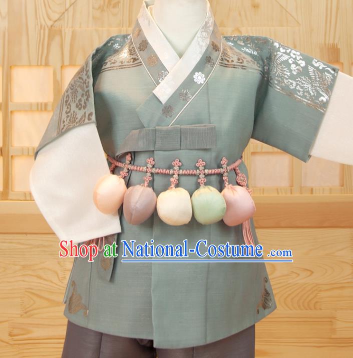 Korean Traditional Fashion Clothing Green Vest White Shirt and Grey Pants Korea Children Garment Costumes Boys Birthday Hanbok