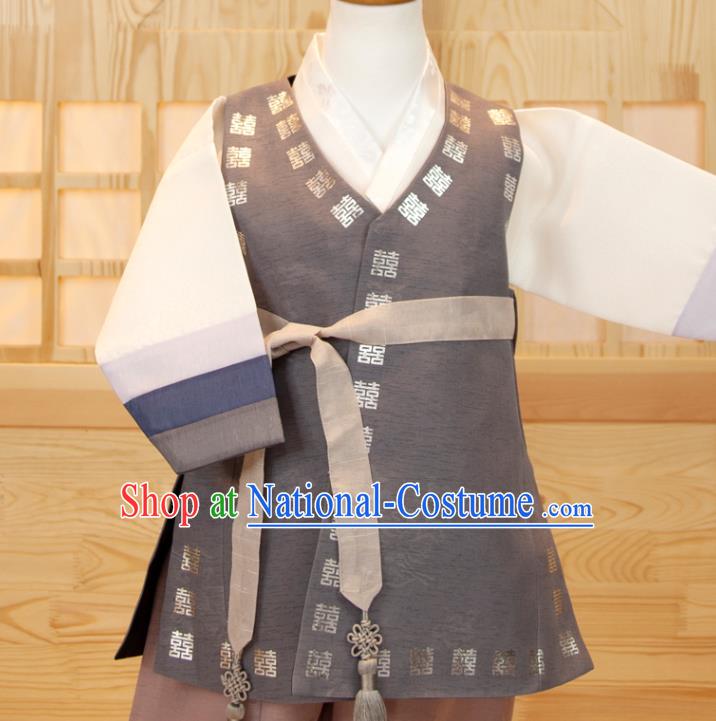 Korean Boys Prince Birthday Hanbok Traditional Fashion Clothing Grey Vest White Shirt and Brown Pants Korea Children Garment Costumes