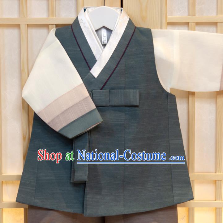 Korea Traditional Fashion Clothing Atrovirens Vest Beige Shirt and Grey Pants Children Garment Costumes Korean Boys Prince Birthday Hanbok