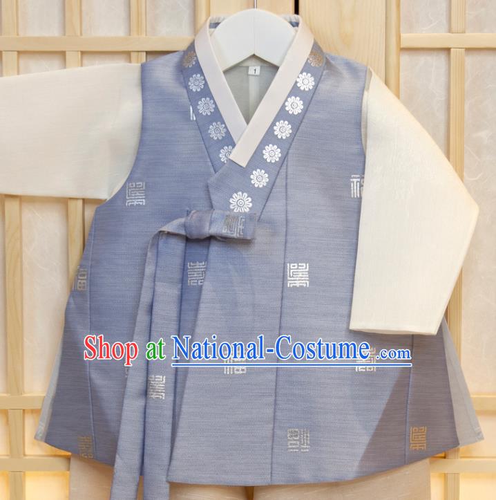 Korean Children Garment Costumes Boys Prince Birthday Hanbok Korea Traditional Fashion Clothing Blue Vest White Shirt and Beige Pants