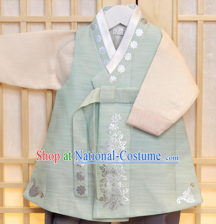 Korea Traditional Fashion Clothing Korean Children Garment Green Vest Beige Shirt and Grey Pants Boys Prince Birthday Hanbok Costumes