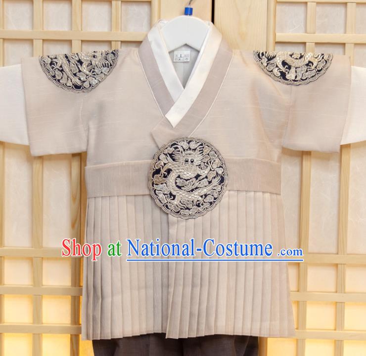 Korea Boys Prince Birthday Hanbok Costumes Traditional Fashion Clothing Korean Children Garment Beige Vest White Shirt and Grey Pants