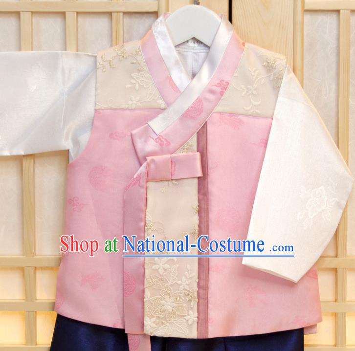 Korea Boys Prince Birthday Hanbok Costumes Korean Traditional Fashion Clothing Children Garment Pink Vest White Shirt and Navy Pants