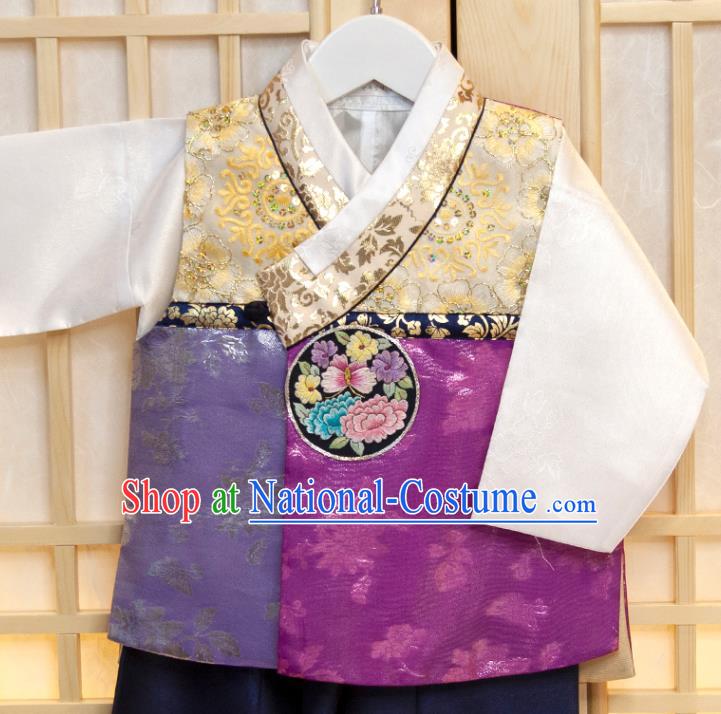 Korean Traditional Fashion Clothing Korea Children Garment Purple Vest White Shirt and Navy Pants Boys Prince Birthday Hanbok Costumes