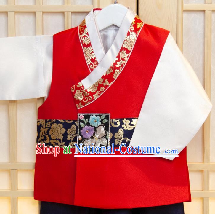 Korean Boys Prince Birthday Hanbok Costumes Traditional Fashion Clothing Korea Children Garment Red Vest White Shirt and Navy Pants