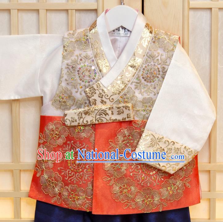 Korea Children Garment Red Vest White Shirt and Navy Pants Korean Boys Prince Birthday Hanbok Costumes Traditional Fashion Clothing