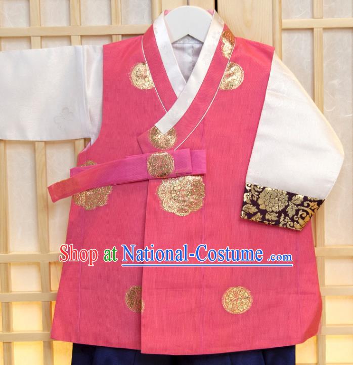 Korea Traditional Fashion Clothing Children Garment Pink Vest White Shirt and Navy Pants Korean Boys Prince Birthday Hanbok Costumes