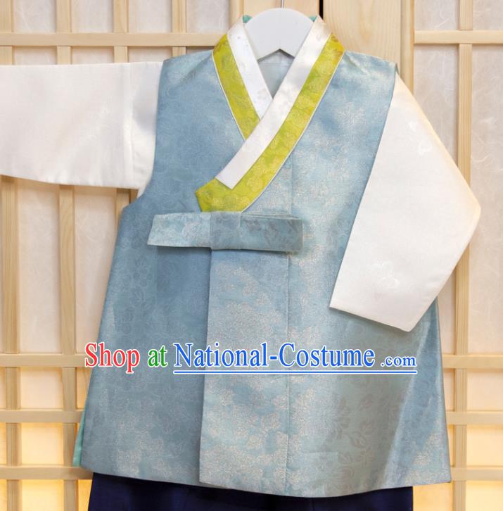 Korea Traditional Fashion Clothing Korean Children Garment Blue Vest White Shirt and Navy Pants Boys Prince Birthday Hanbok Costumes