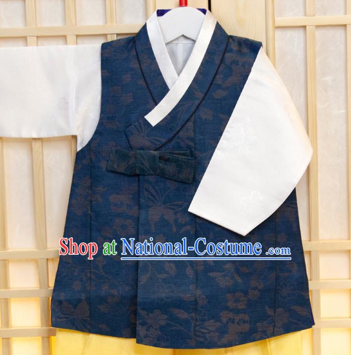 Korea Traditional Hanbok Clothing Children Garment Navy Vest White Shirt and Yellow Pants Korean Boys Prince Birthday Fashion Costumes