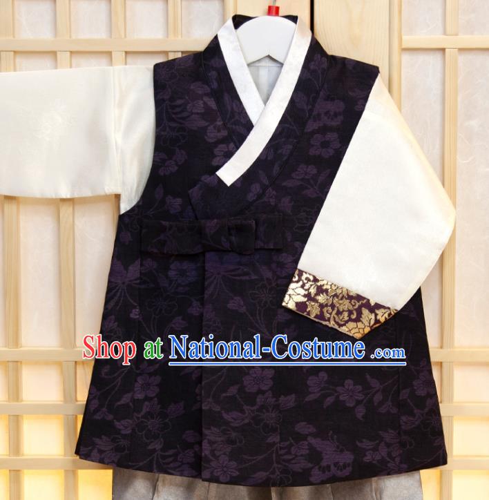 Korean Boys Prince Birthday Fashion Costumes Korea Traditional Hanbok Clothing Children Garment Black Vest White Shirt and Grey Pants