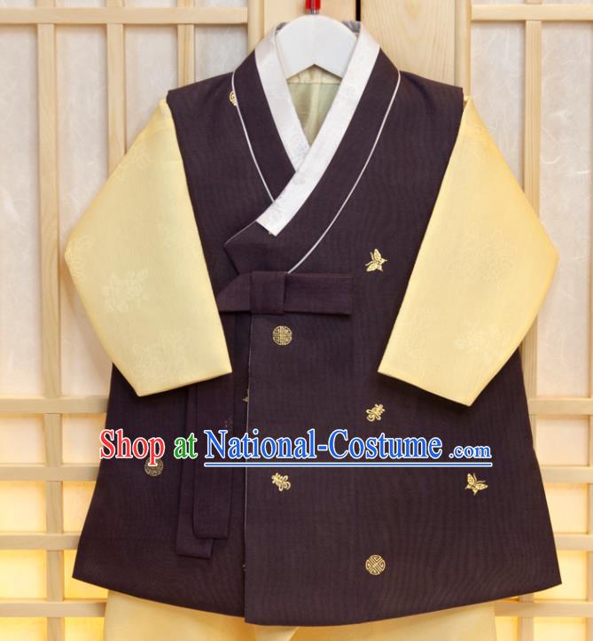 Korean Traditional Garment Costumes Boys Prince Birthday Fashion Korea Hanbok Clothing Children Purple Vest Yellow Shirt and Pants