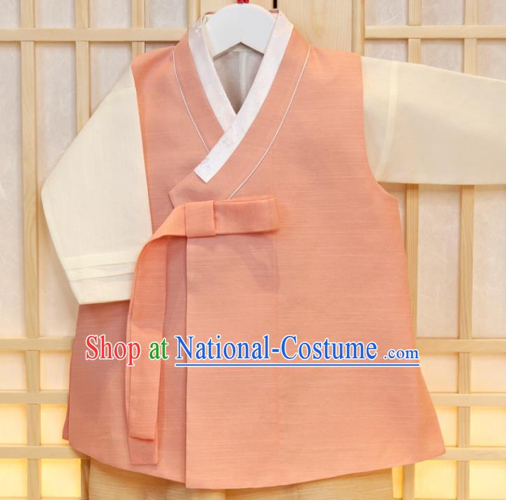 Korean Children Pink Vest Beige Shirt and Yellow Pants Traditional Garment Costumes Boys Prince Birthday Fashion Korea Hanbok Clothing