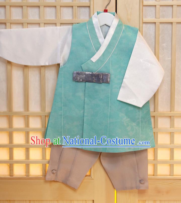 Korea Boys Prince Birthday Hanbok Costumes Traditional Fashion Clothing Korean Children Garment Green Vest White Shirt and Khaki Pants