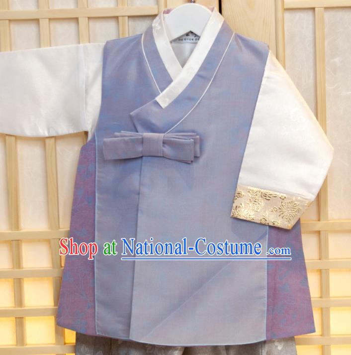 Korean Children Garment Lilac Vest White Shirt and Grey Pants Korea Boys Prince Birthday Hanbok Costumes Traditional Fashion Clothing