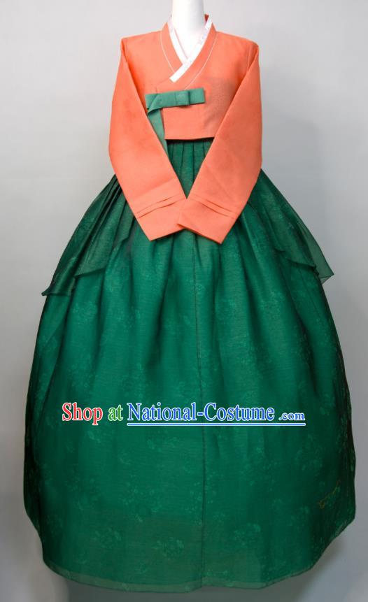 Korean Traditional Festival Celebration Clothing Court Woman Hanbok Orange Blouse and Green Dress Wedding Bride Fashion Costumes