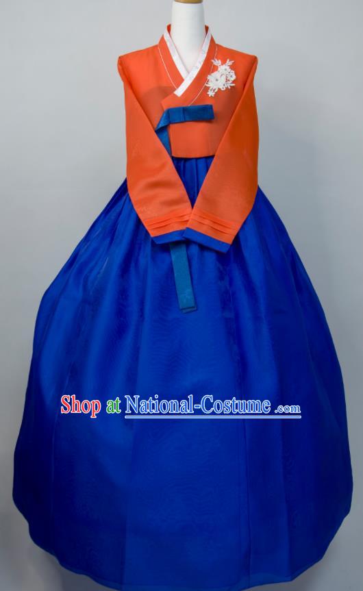 Korean Wedding Bride Fashion Costumes Traditional Festival Celebration Clothing Court Hanbok Orange Blouse and Royalblue Dress