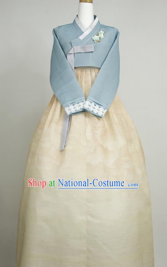 Korea Bride Fashion Costumes Traditional Wedding Celebration Clothing Korean Classical Hanbok Blue Blouse and Beige Dress