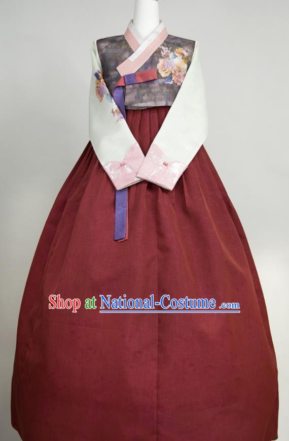 Korean Bride Mother Fashion Costumes Korea Classical Hanbok Printing Grey Blouse and Wine Red Dress Traditional Wedding Celebration Clothing