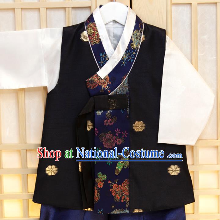 Korean Boys Prince Birthday Fashion Hanbok Clothing Children Black Vest White Shirt and Navy Pants Korea Traditional Garment Costumes