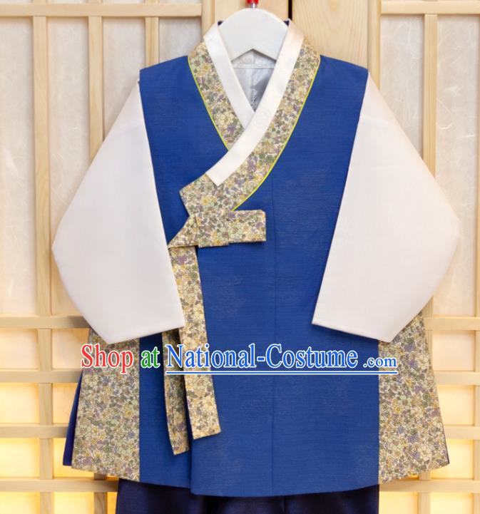 Korea Traditional Garment Costumes Korean Boys Prince Birthday Fashion Hanbok Clothing Children Blue Vest White Shirt and Navy Pants