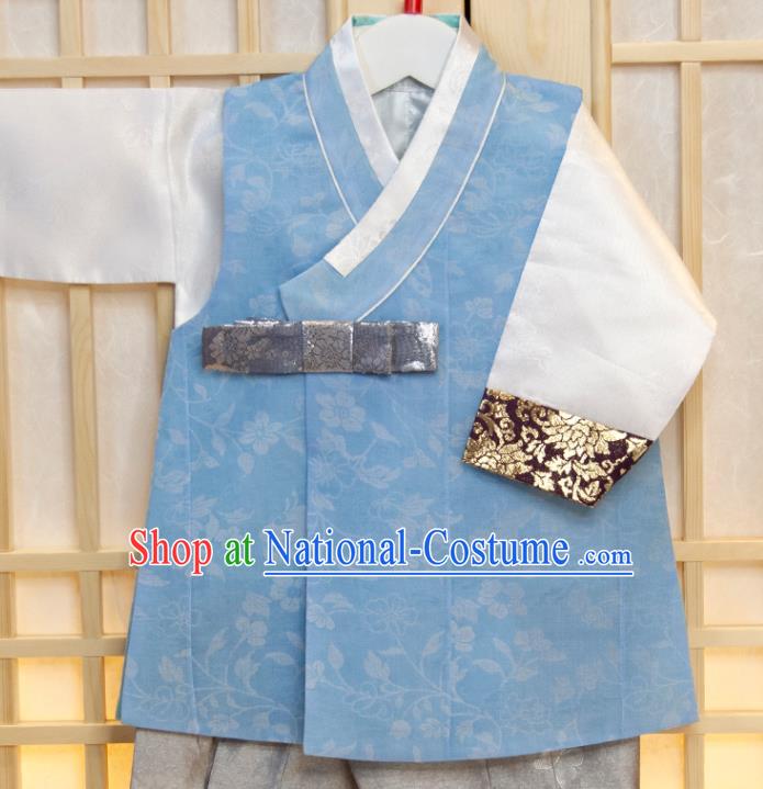 Korea Children Garment Blue Vest White Shirt and Grey Pants Korean Boys Prince Birthday Fashion Costumes Traditional Hanbok Clothing