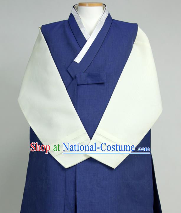 Korea Classical Wedding Bridegroom Clothing Young Male Hanbok Blue Long Vest Beige Shirt and Grey Pants Korean Traditional Costumes